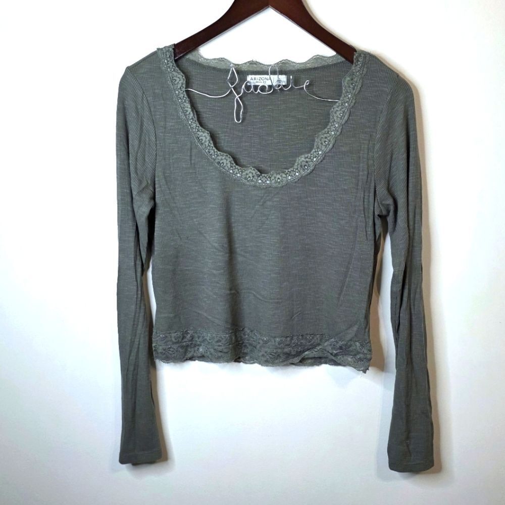Arizona Green Y2K Lace Trim Ribbed Long Sleeve Top Size Large